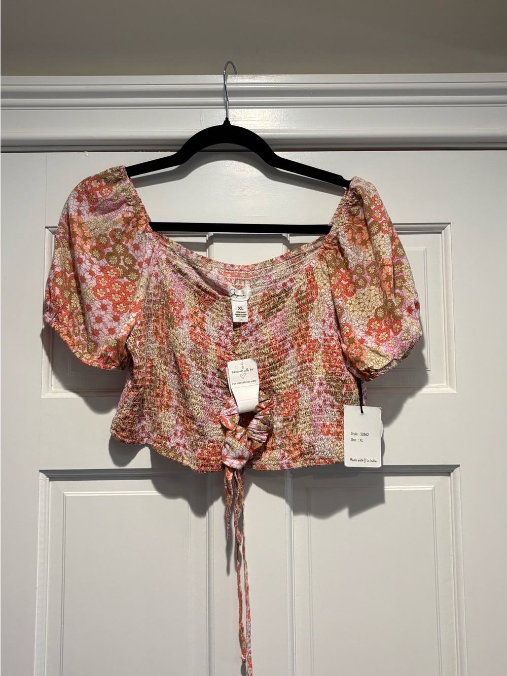 NWT Japna XL Pink/Orange-CreamFloral Smocked Tie-Front CropTop with Puff Sleeves